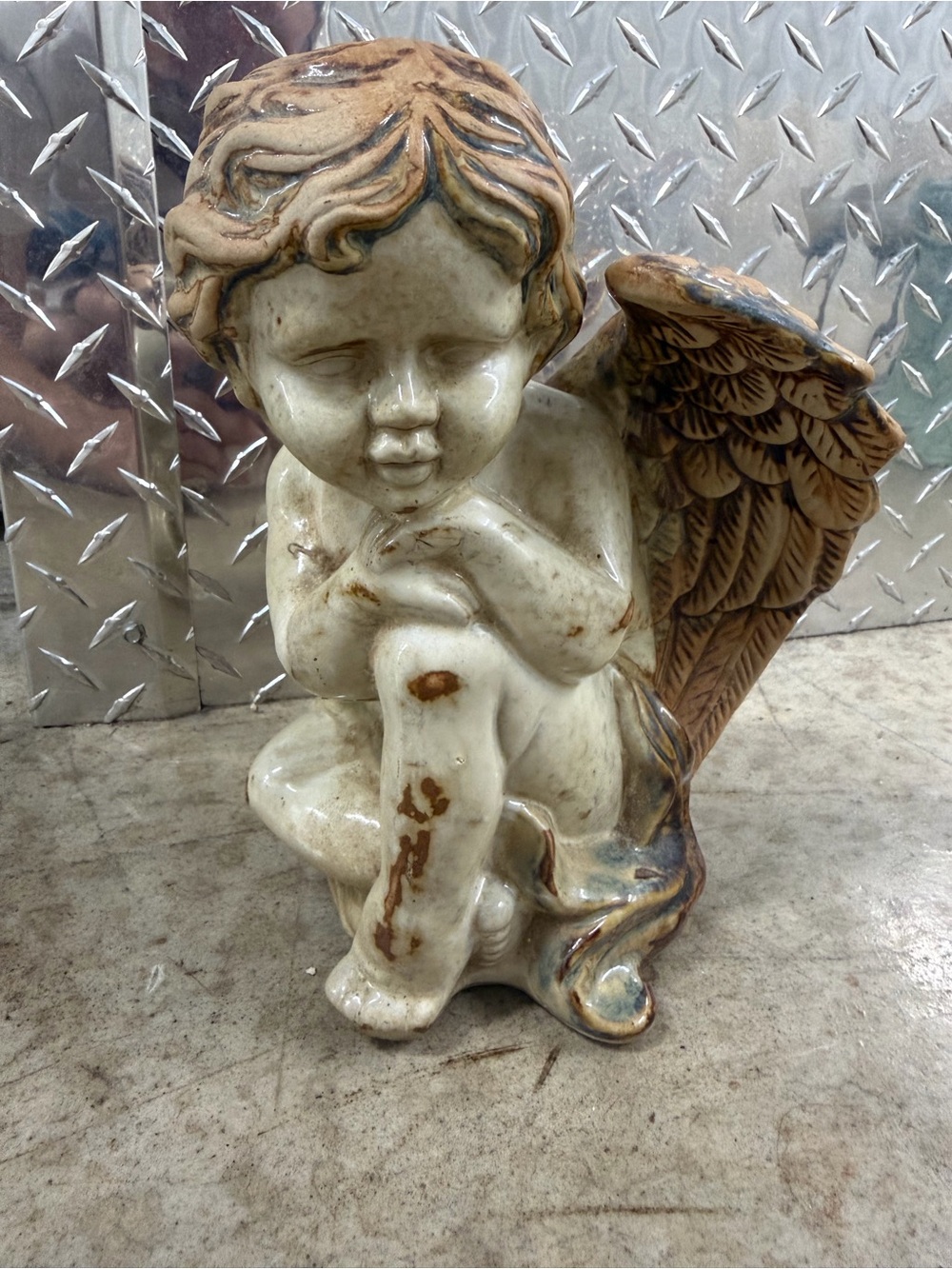 Glazed 12” HEAVY Ceramic Wing ANGEL CHERUB SITTING W/ CROSSED FEETGarden Statue